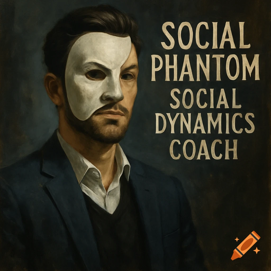 Painting of a man in a suit and white half-mask with text overlay.