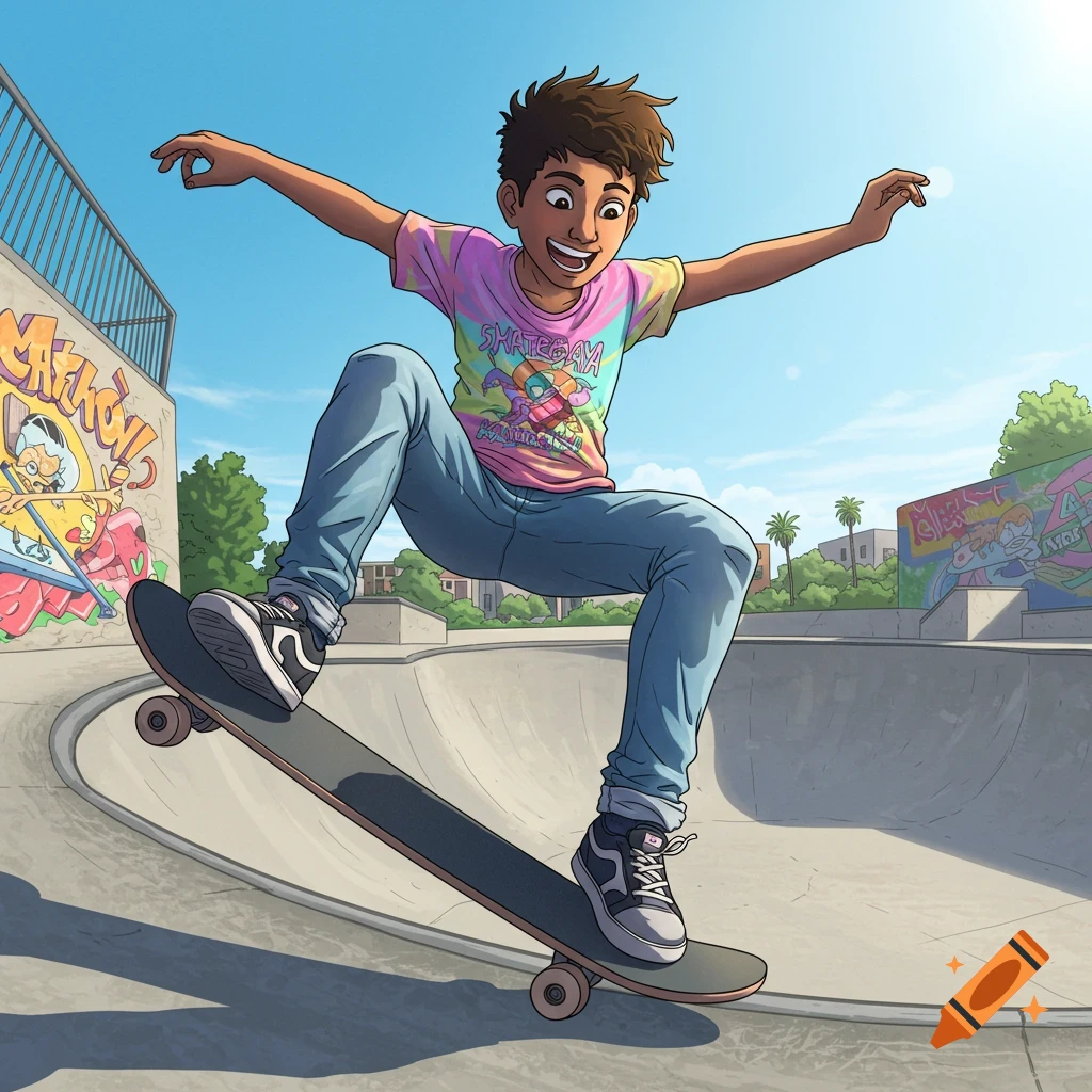 Cartoon illustration of a boy skateboarding in a skate park.