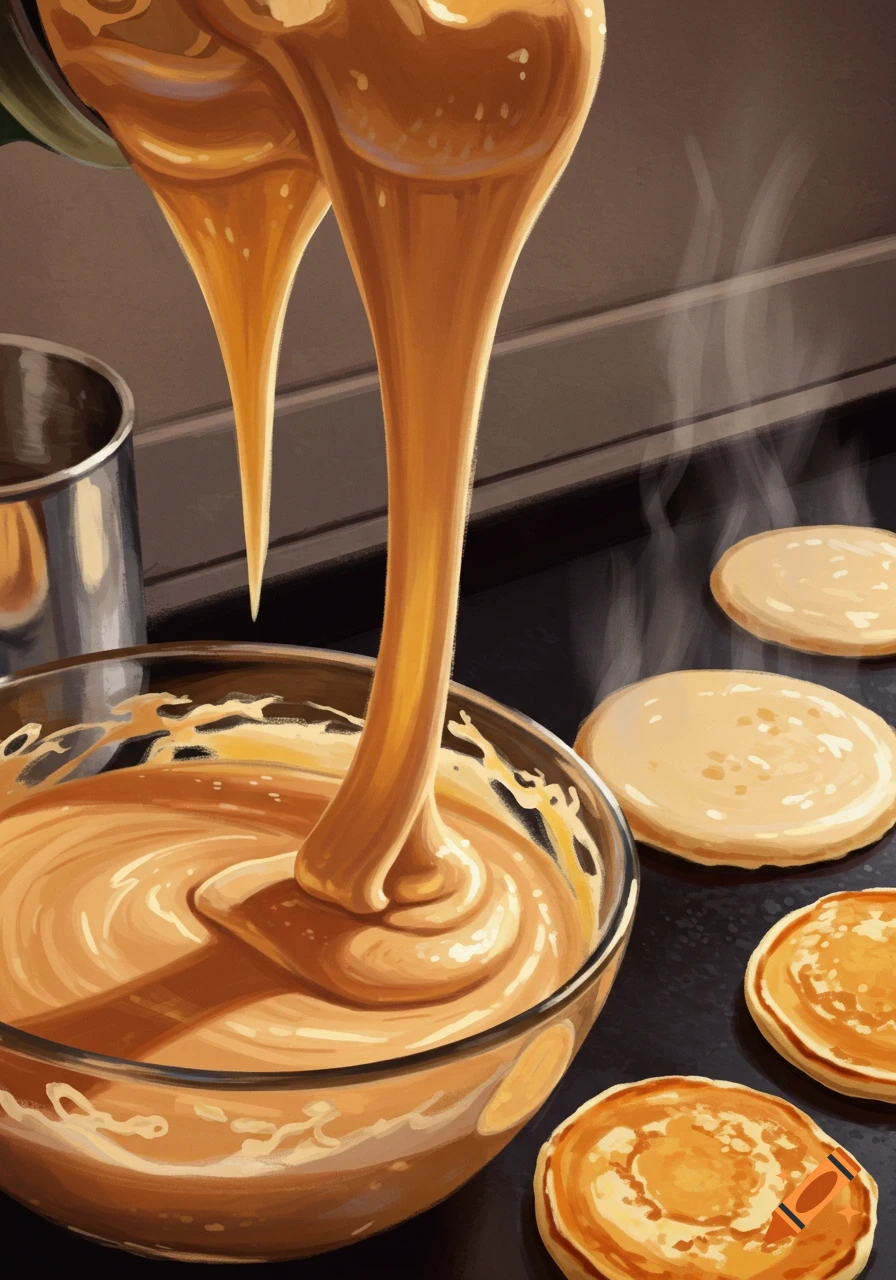 Close-up illustration of pancake batter being poured into a bowl next to pancakes cooking on a griddle.