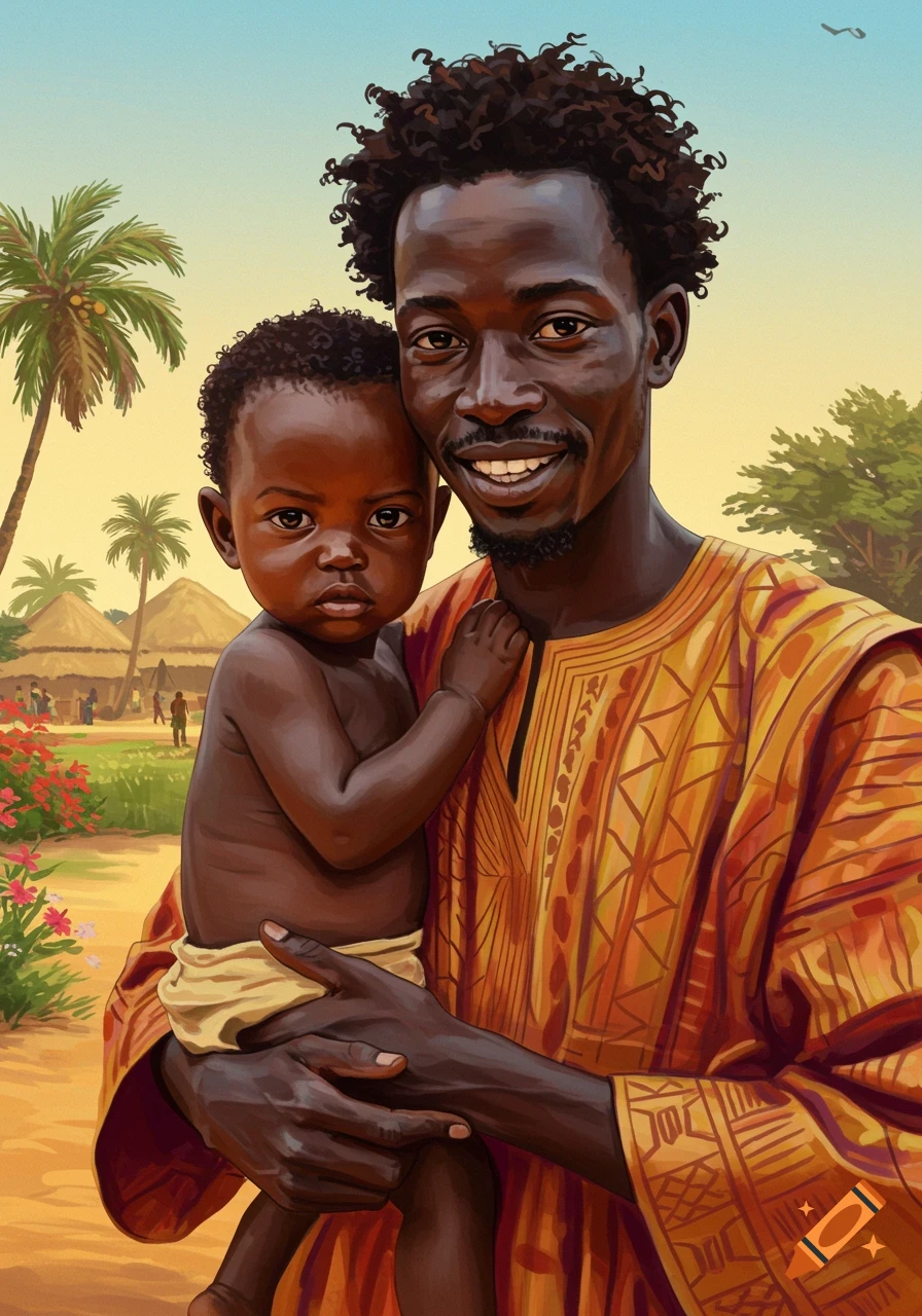 Portrait of a Black man holding a baby in a vibrant village illustration.