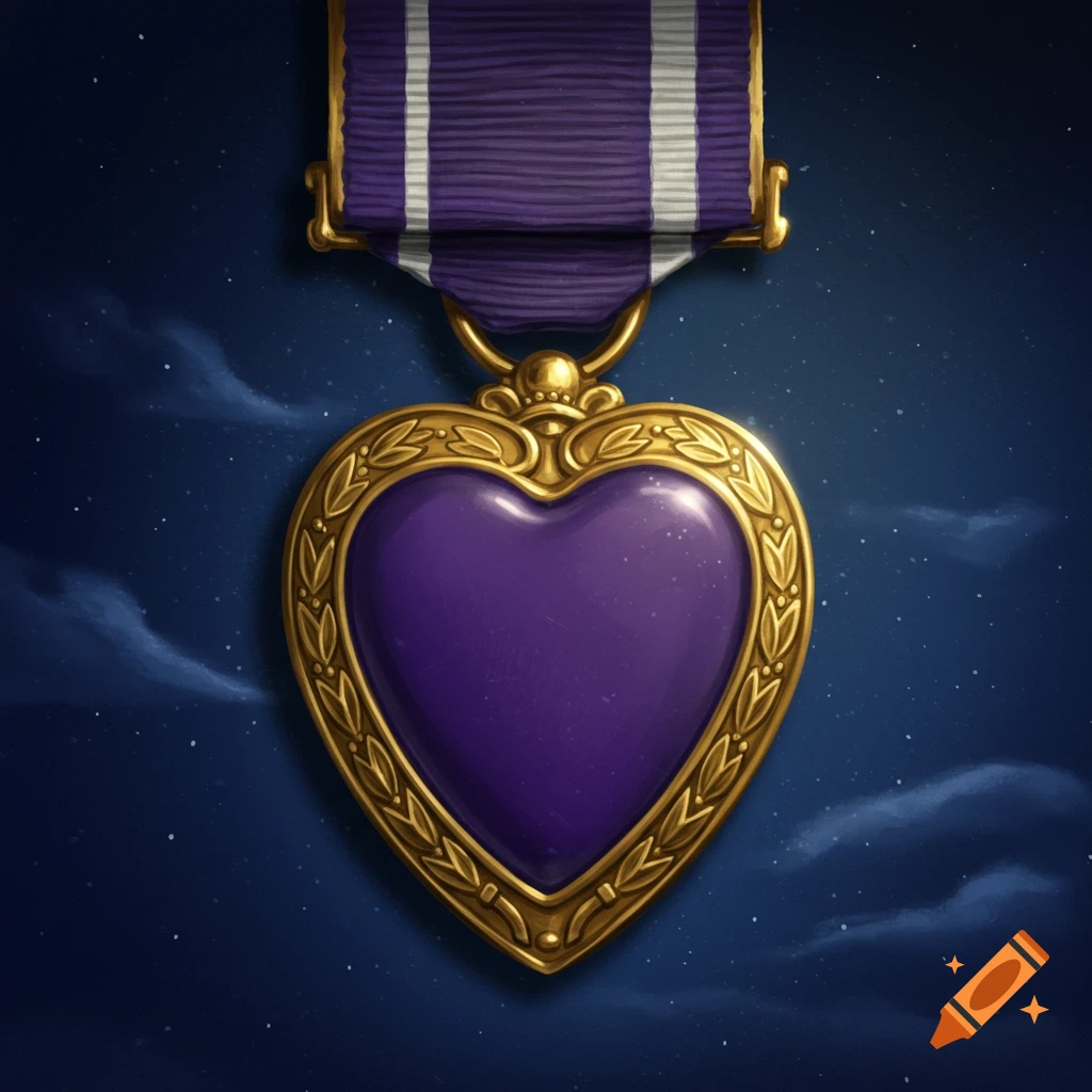 A detailed illustration of a Purple Heart medal hanging against a starry blue night sky.