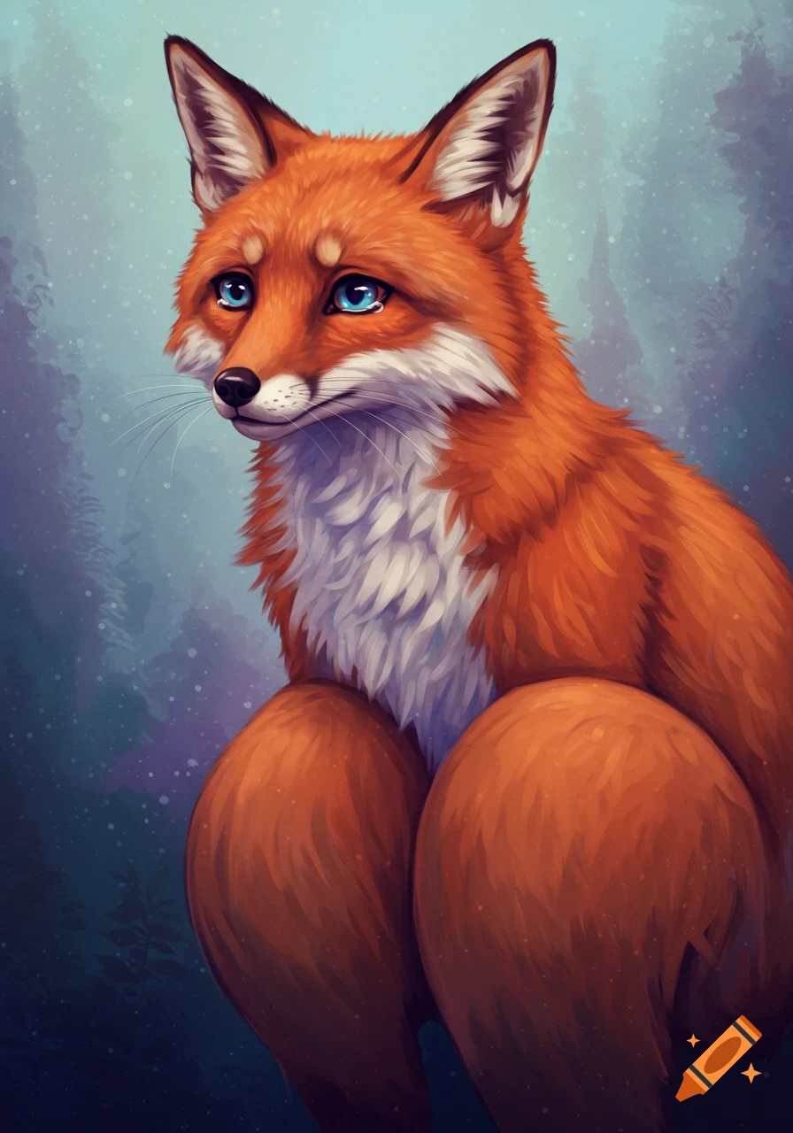 Illustration of an orange fox with blue eyes sitting against a snowy background.