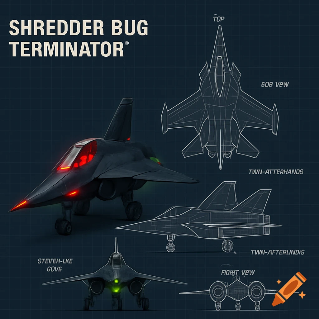 Futuristic dark gray stealth fighter jet with red and green highlights, shown alongside technical blueprint views.