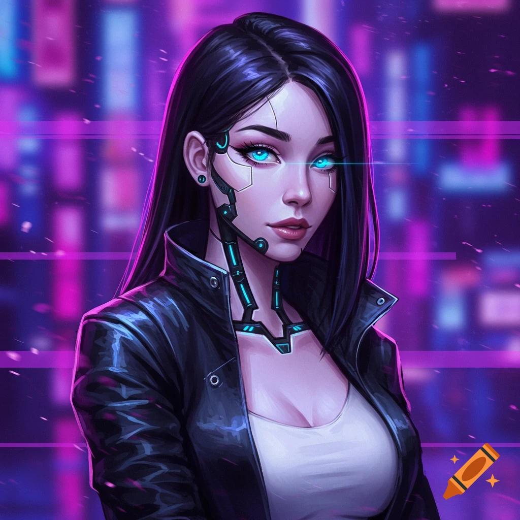 A cyborg woman with glowing blue eyes and tech implants, wearing a leather jacket against a neon city background, digital art.
