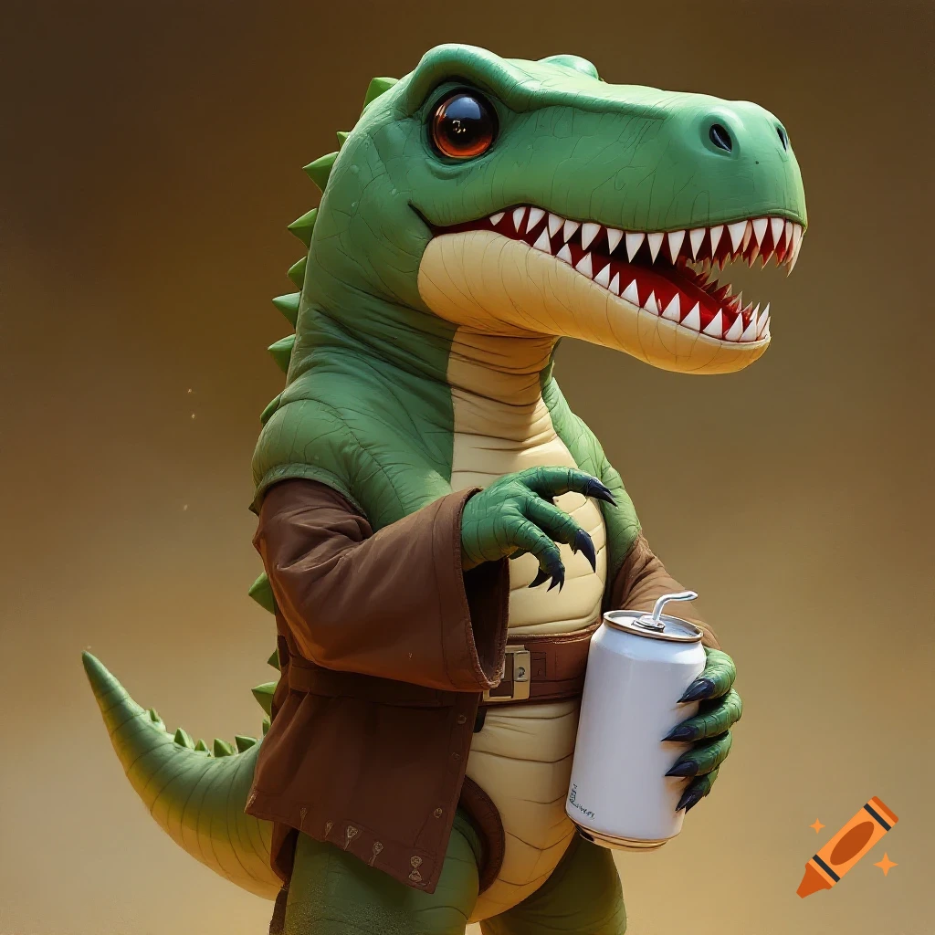 Cartoon dinosaur in a jacket holding a white soda can.