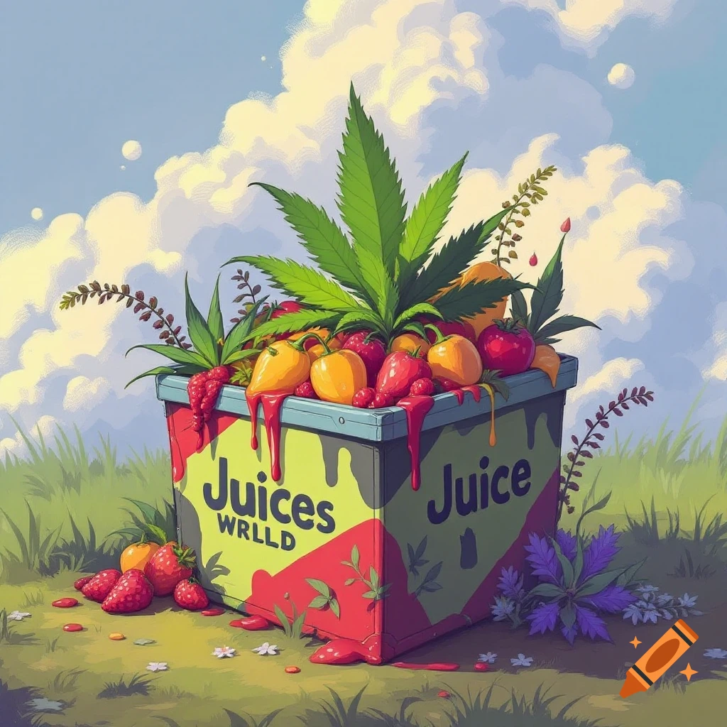 A box filled with fruit, strawberries, and a large cannabis leaf sits outdoors. Juice drips from the box.
