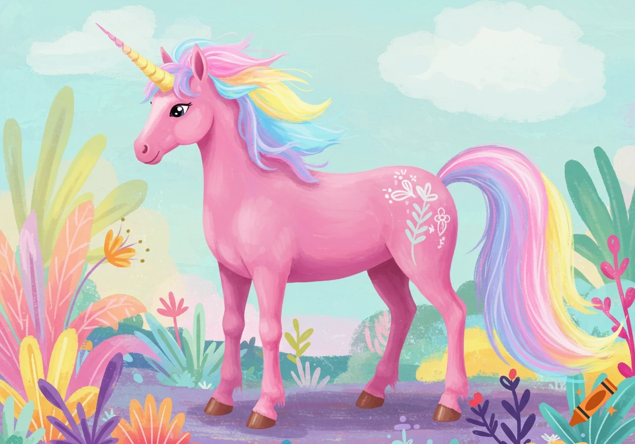 A pink unicorn with a rainbow mane stands in a colorful, fantasy landscape. Illustration.