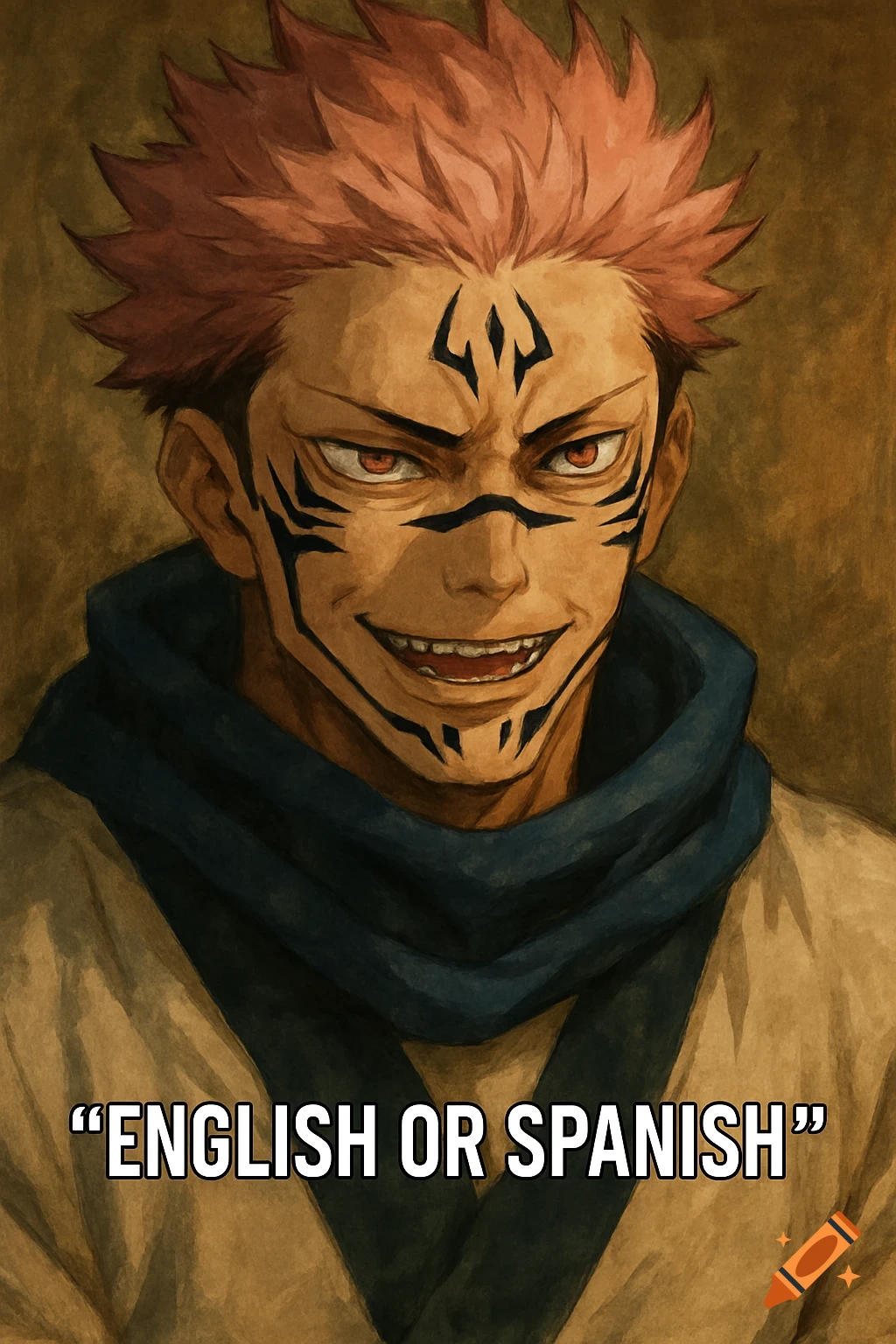 Close-up anime style portrait of Sukuna from Jujutsu Kaisen with face markings and text "ENGLISH OR SPANISH" below.