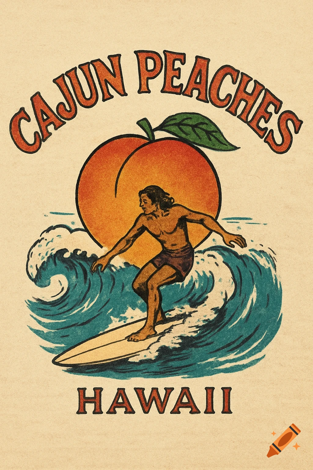 Vintage illustration of surfer with Cajun Peaches Hawaii text and peach sun