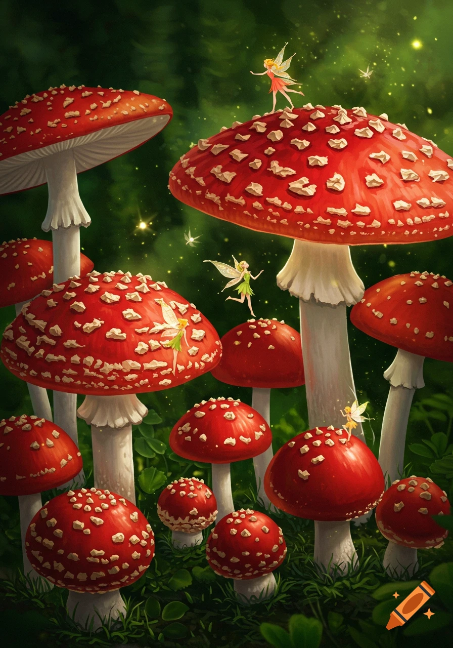 Fairies standing and flying among large red and white spotted mushrooms in a forest.