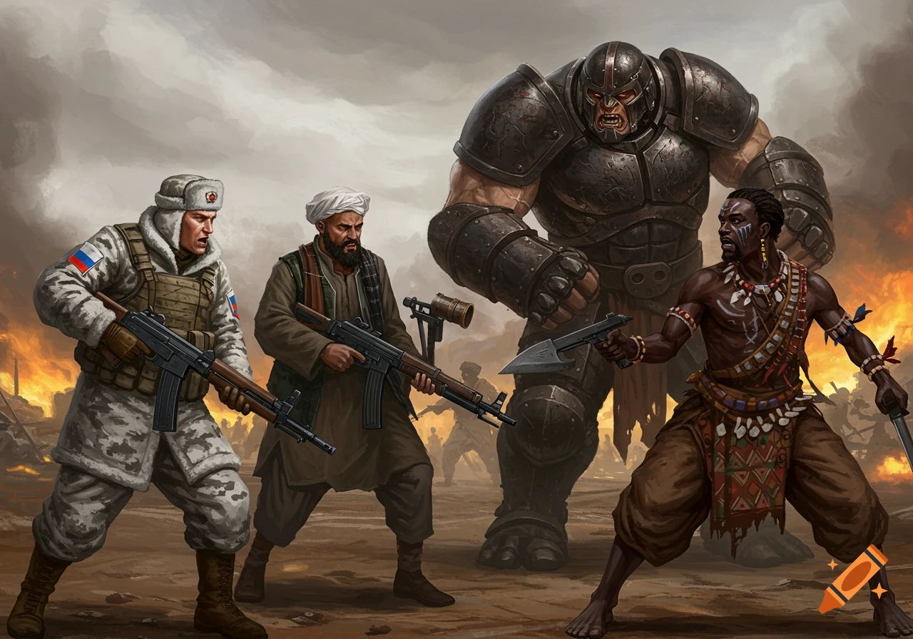 Digital illustration of a Russian soldier, Taliban fighter, juggernaut, and African warrior in a battle scene.