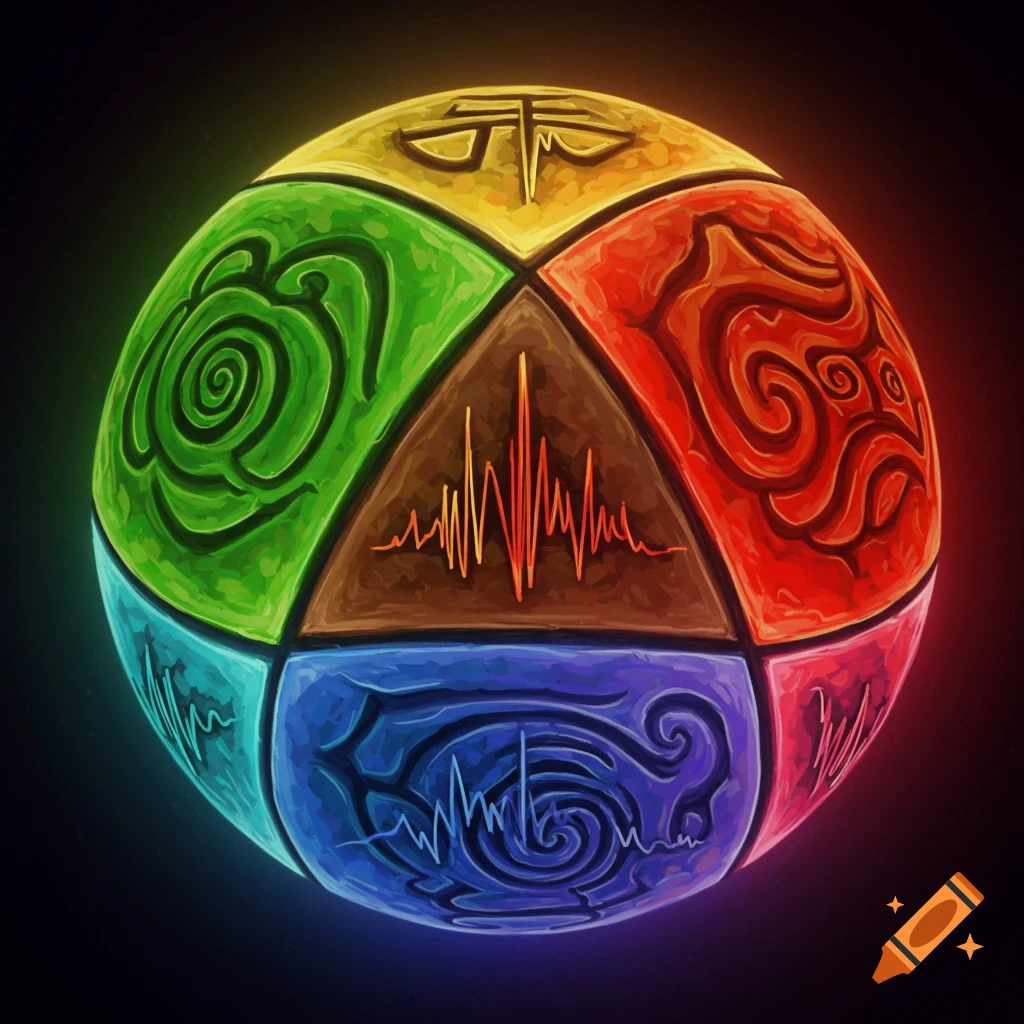 A sphere divided into colorful sections, each containing symbols representing elements or vibrations.