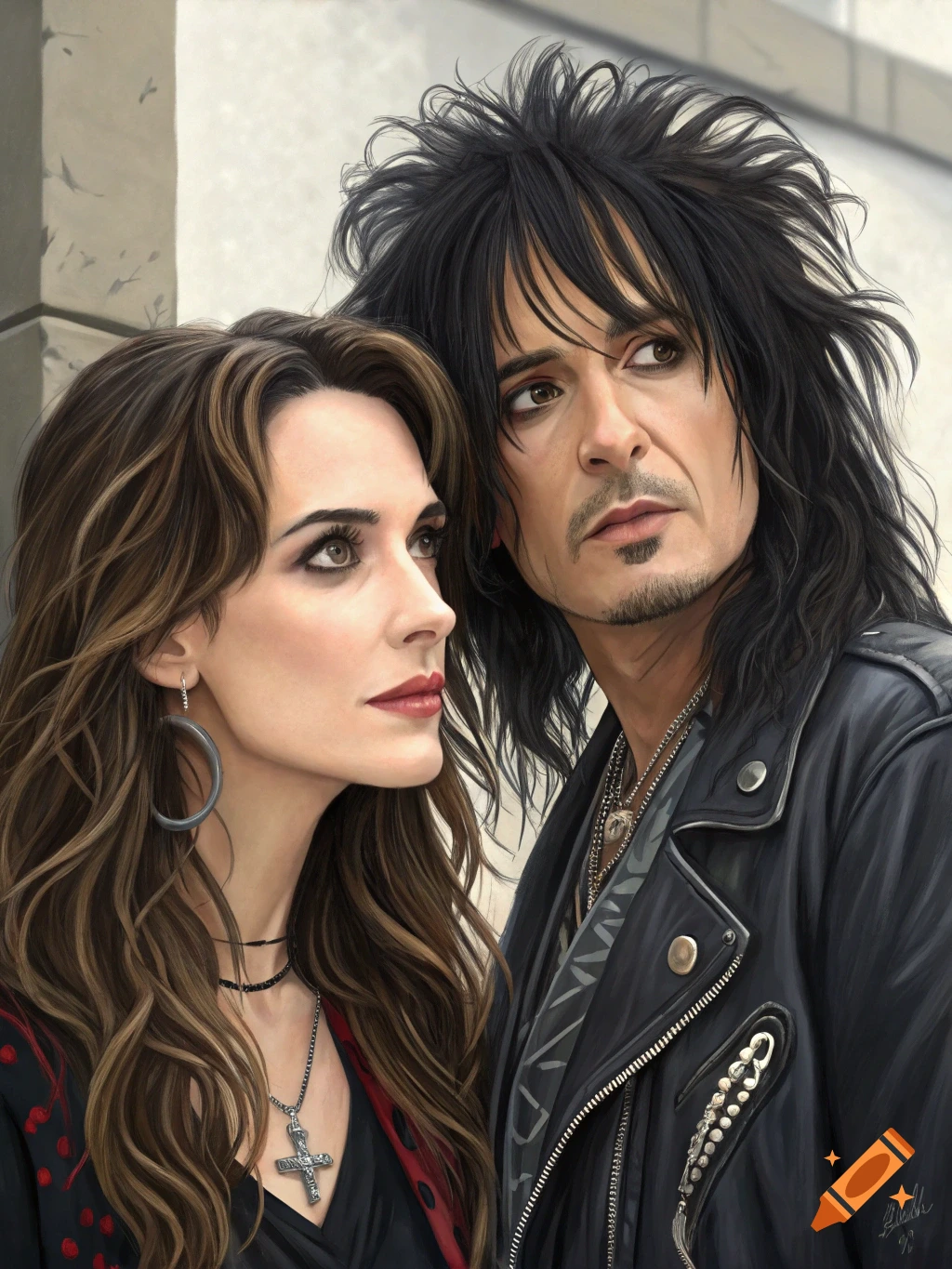 Digital painting portrait of a woman resembling Winona Ryder and a man resembling Nikki Sixx looking to the side.