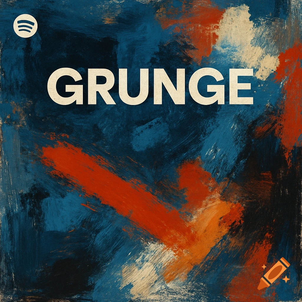 Abstract painting in blue, red, orange, white, and black brush strokes with the word 'GRUNGE' in the center and a Spotify logo.