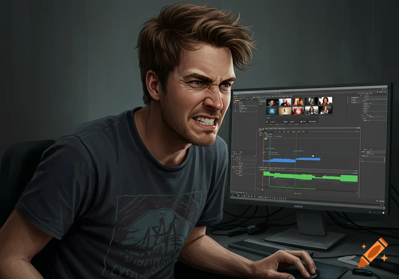 Illustration of a frustrated man glaring at a computer screen running video editing software.