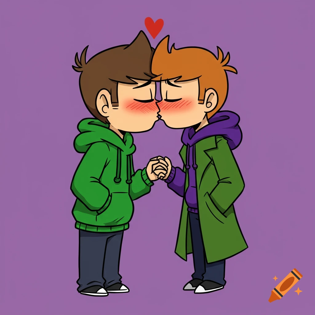 Cartoon drawing of two characters, one in a green hoodie and one in a purple hoodie and green coat, kissing and holding hands under a heart.