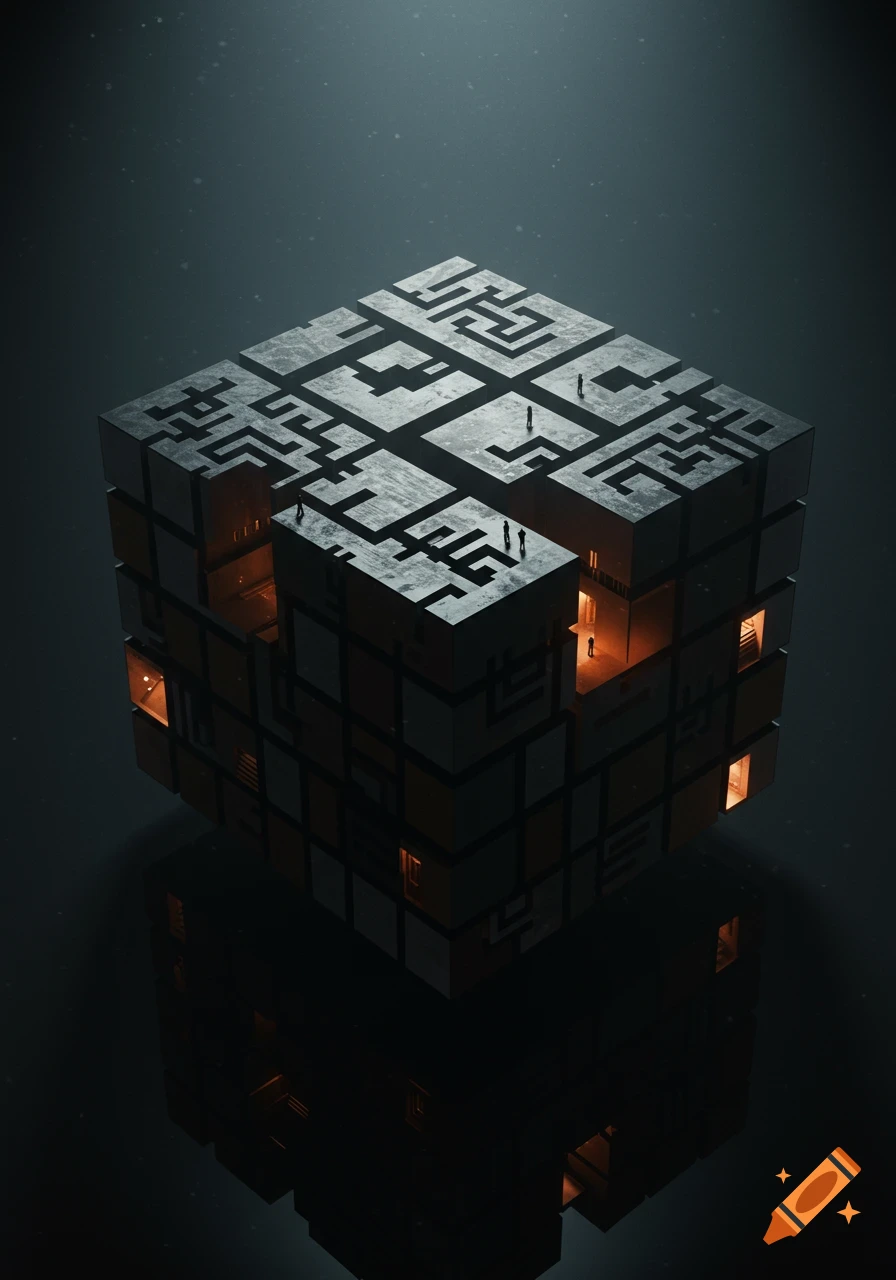 A dark, atmospheric render of a cube-like maze complex with small figures on its surface.