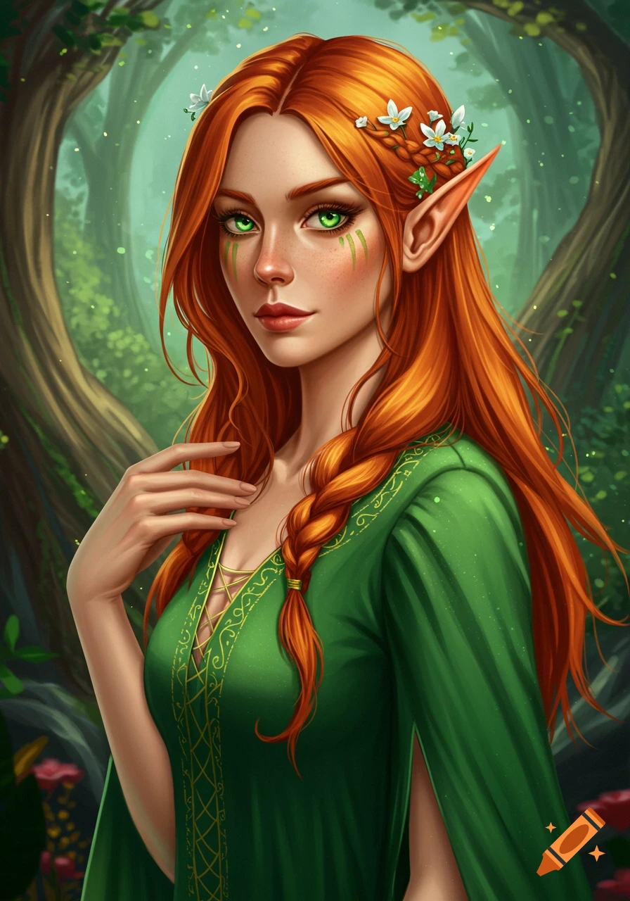 Portrait of a female elf with red hair and green eyes, wearing a green ...