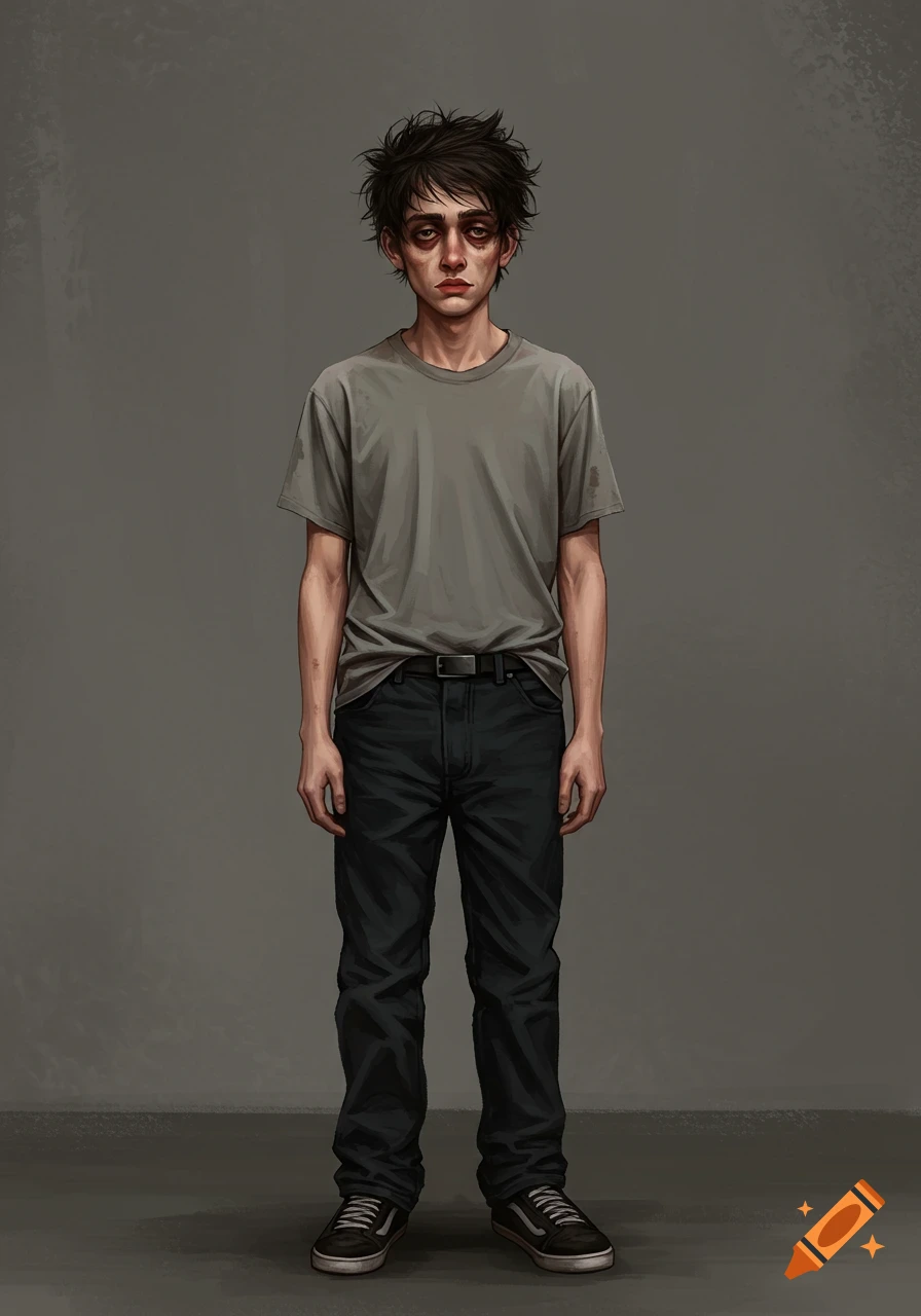 Full body portrait illustration of a tired young man with messy hair in a grey t-shirt and dark pants.