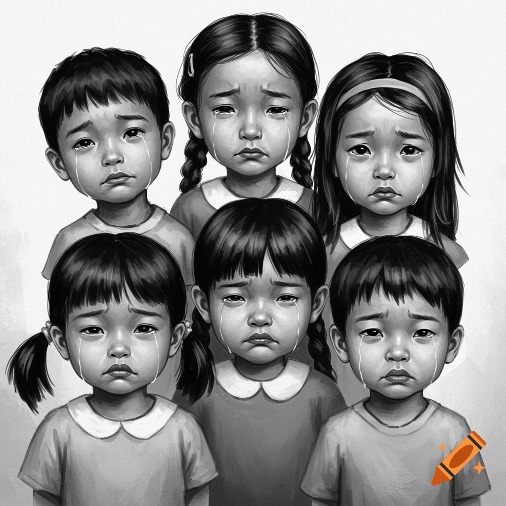 Black and white illustration of six crying children.