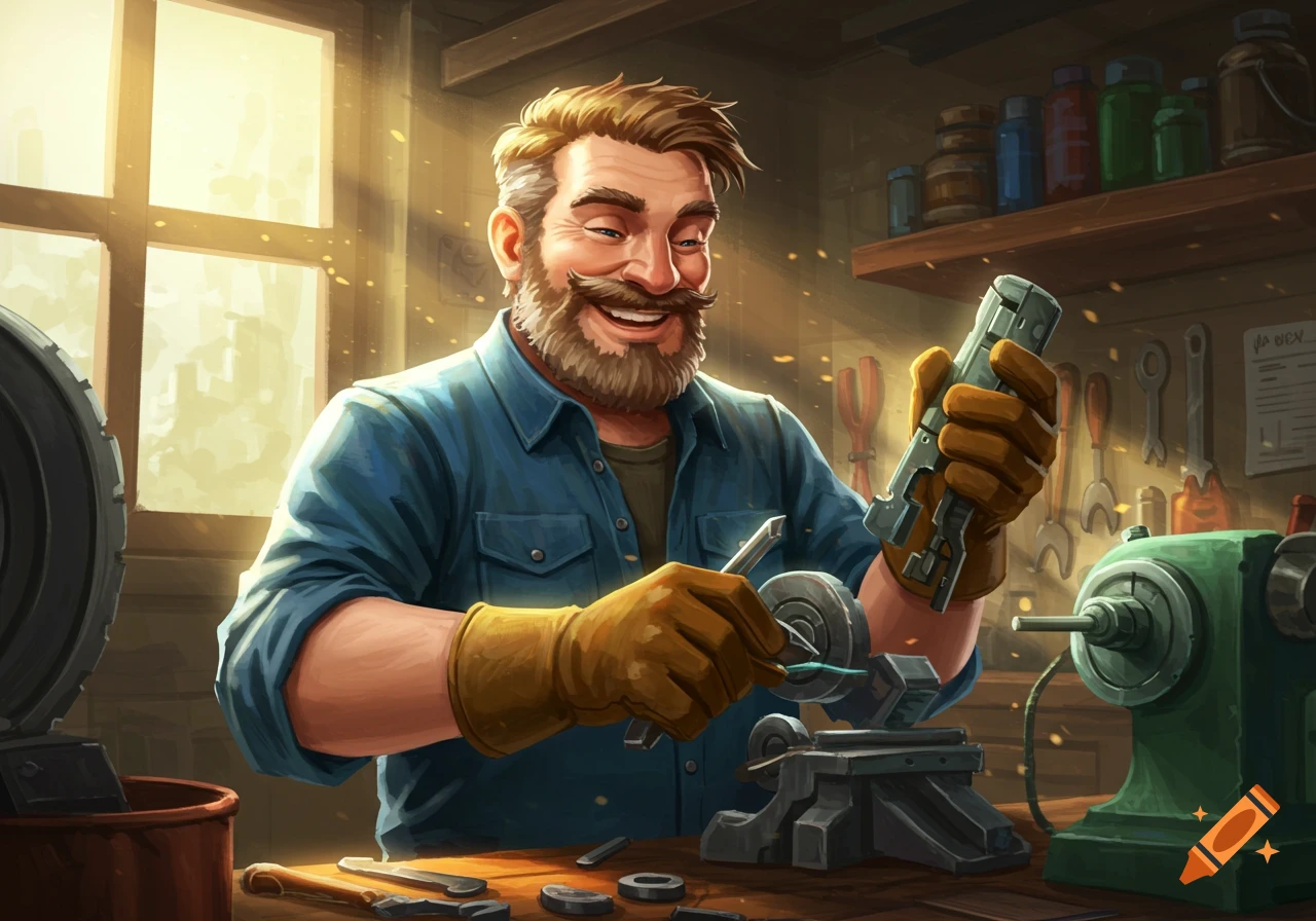 Illustrated man with beard and mustache working in a sunlit workshop with tools.