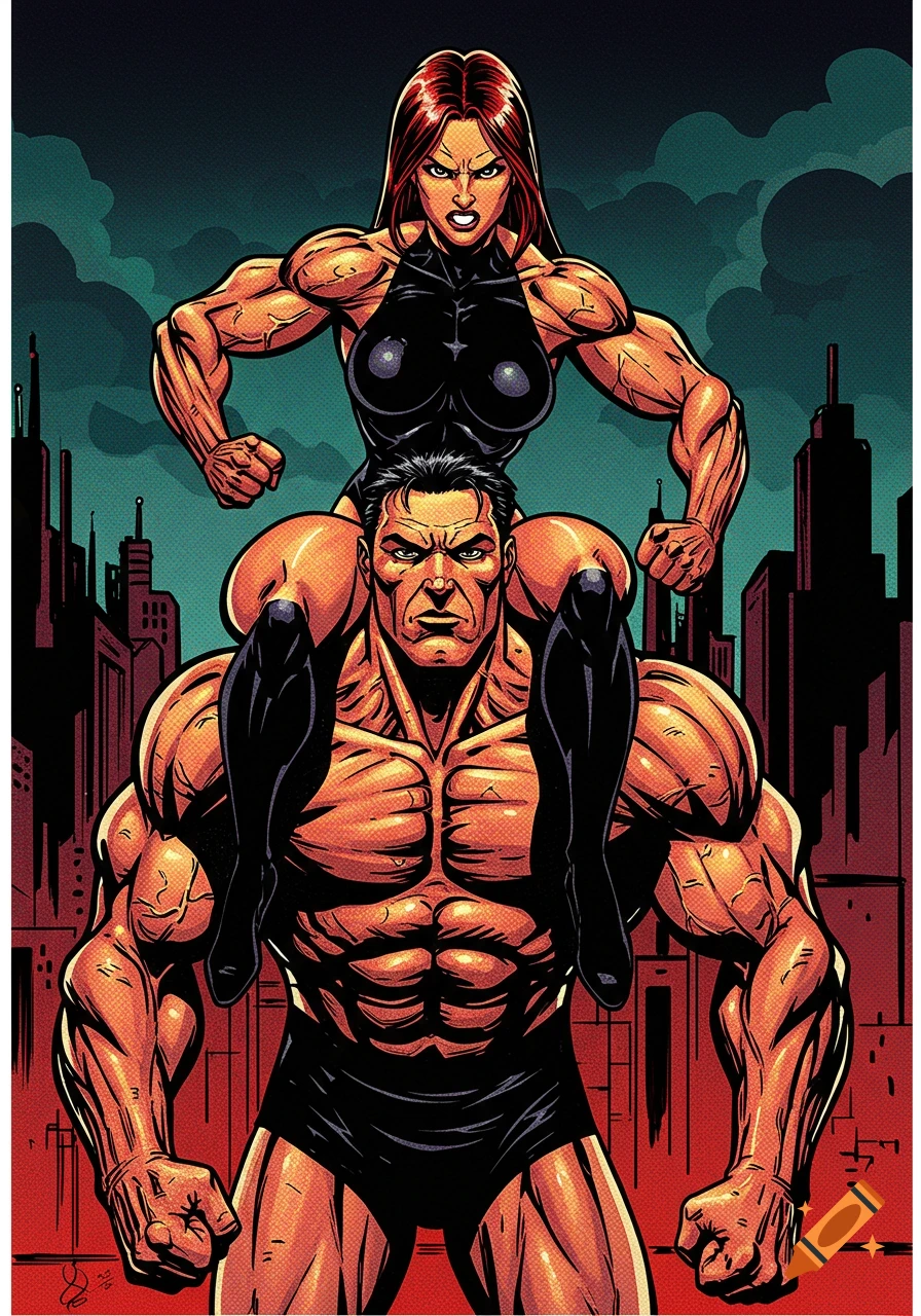 Comic art illustration of a muscular woman sitting on a muscular man's shoulders with a city background.
