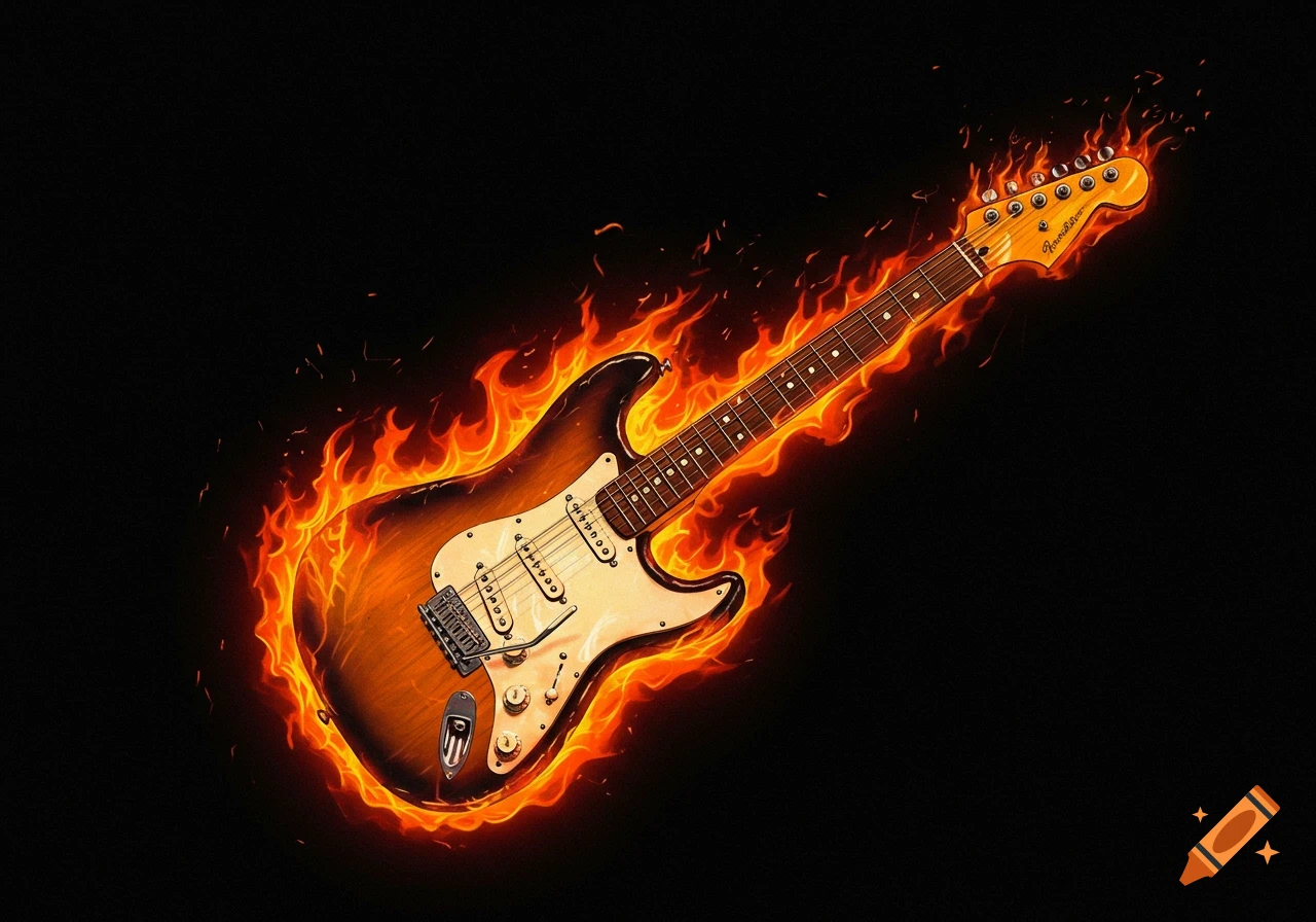 Electric guitar engulfed in flames against a black background.