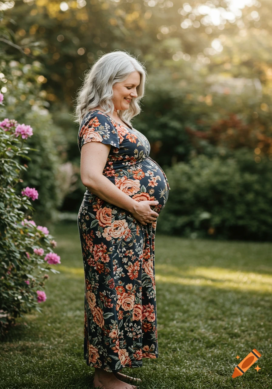 A pregnant woman in a floral dress stands in a garden, holding her belly.