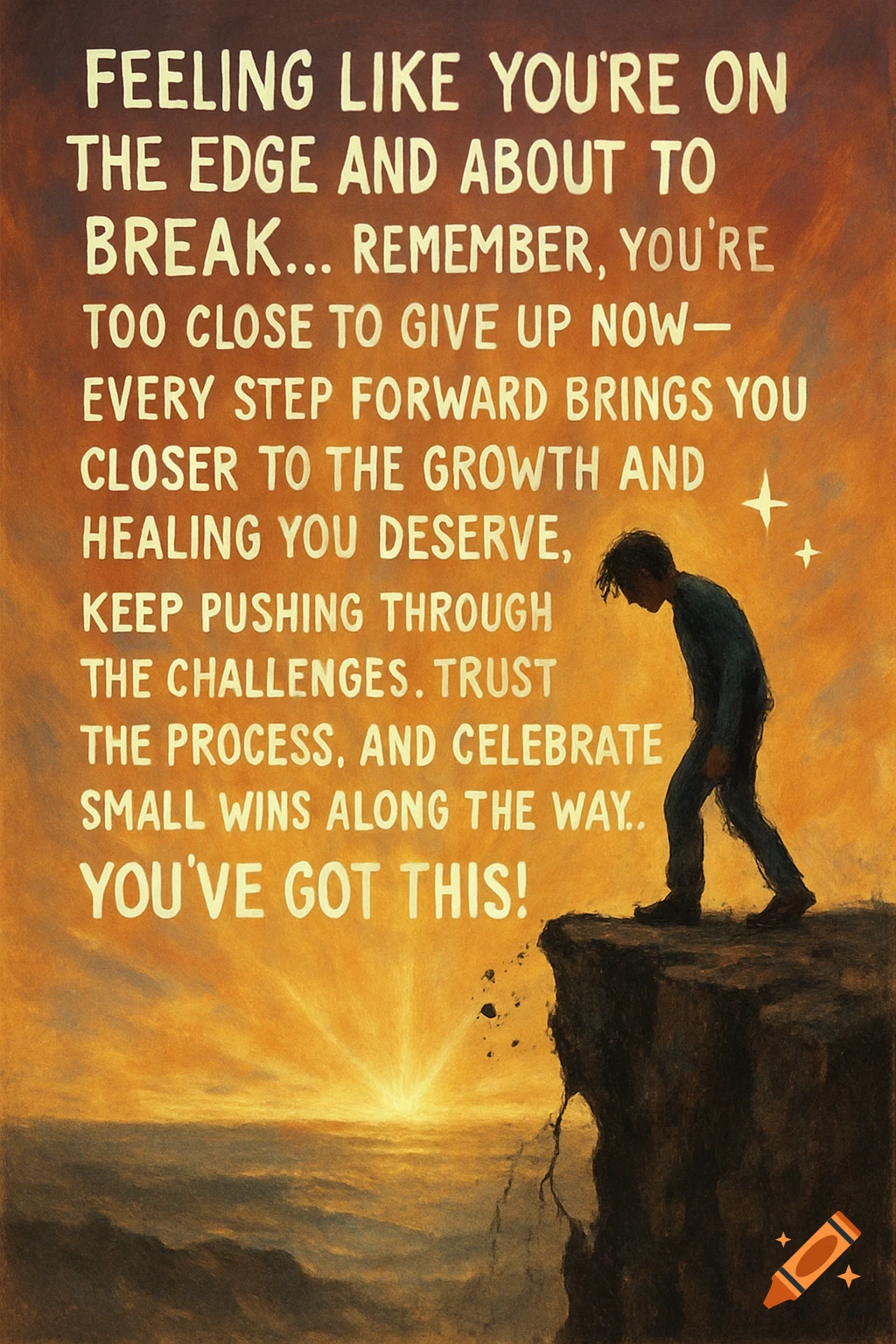 Motivational poster with text and a figure standing on a cliff edge looking at a sunrise over a landscape.
