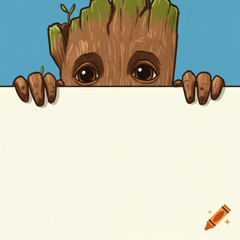 Cartoon illustration of Groot peaking over a blank white page.