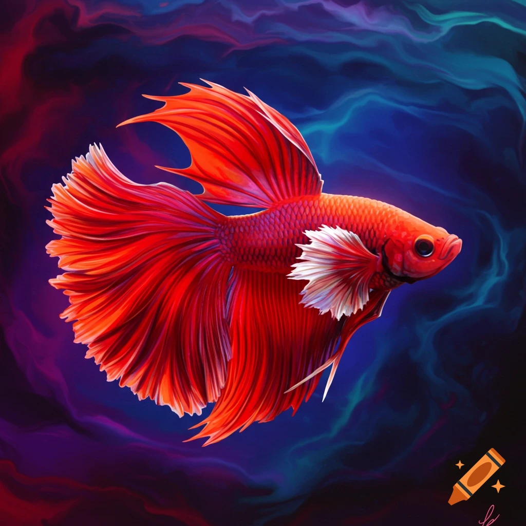 Vibrant red Betta fish with flowing fins against a swirling dark background, digital art.