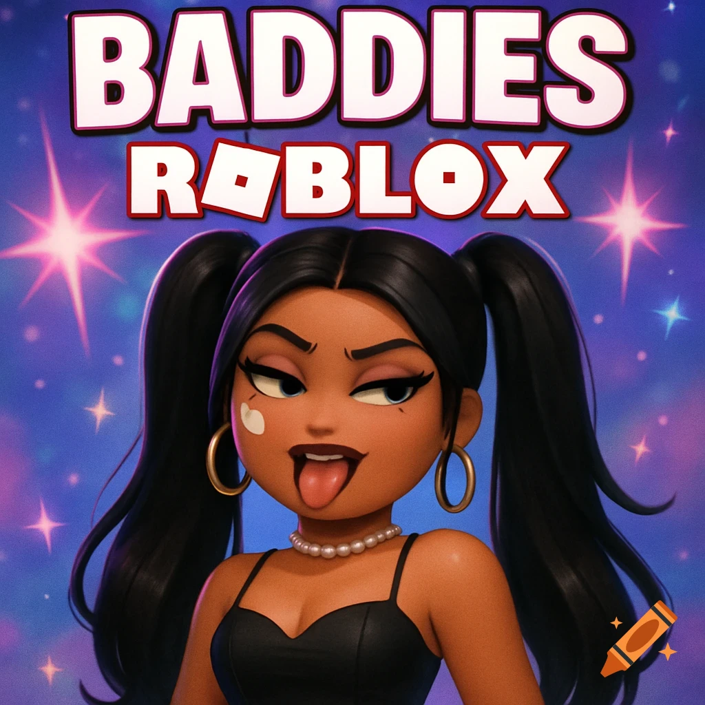A stylized female avatar with pigtails sticks her tongue out against a starry background. Text says "BADDIES ROBLOX".