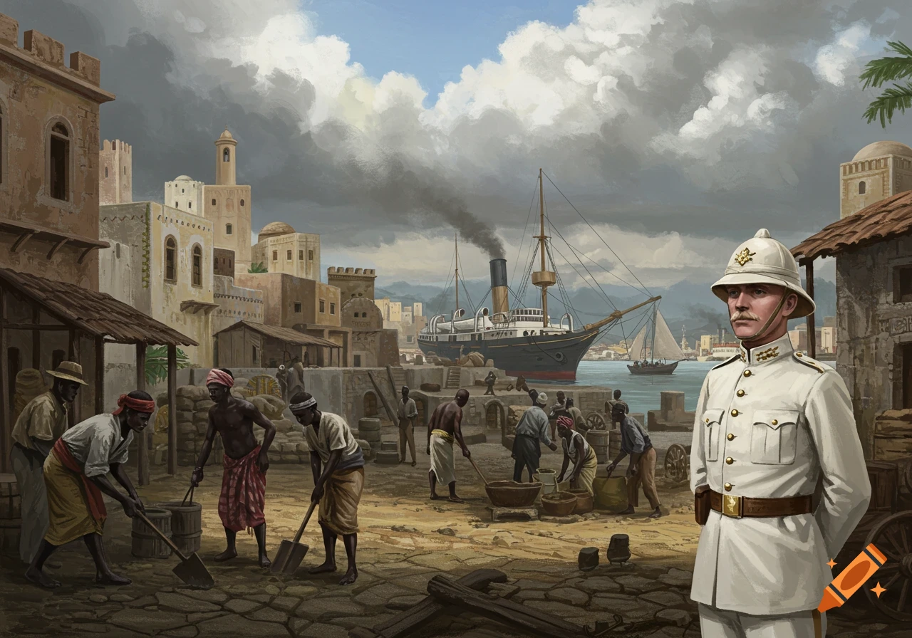 A British soldier stands on a dock while workers load cargo, a steamboat is in the harbor, painted in a historical style.