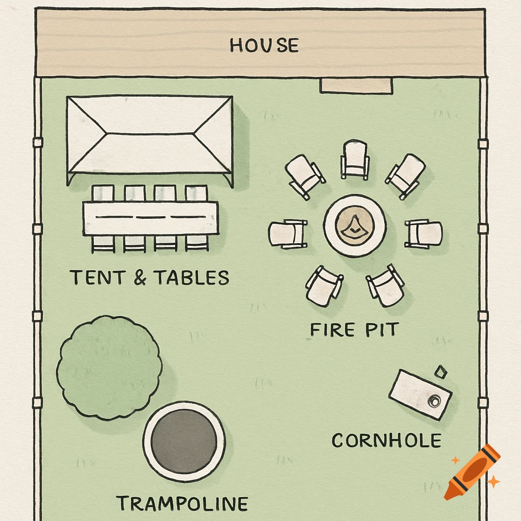 Bird's-eye sketch diagram of a backyard party layout with tent, tables, fire pit, cornhole, and trampoline.