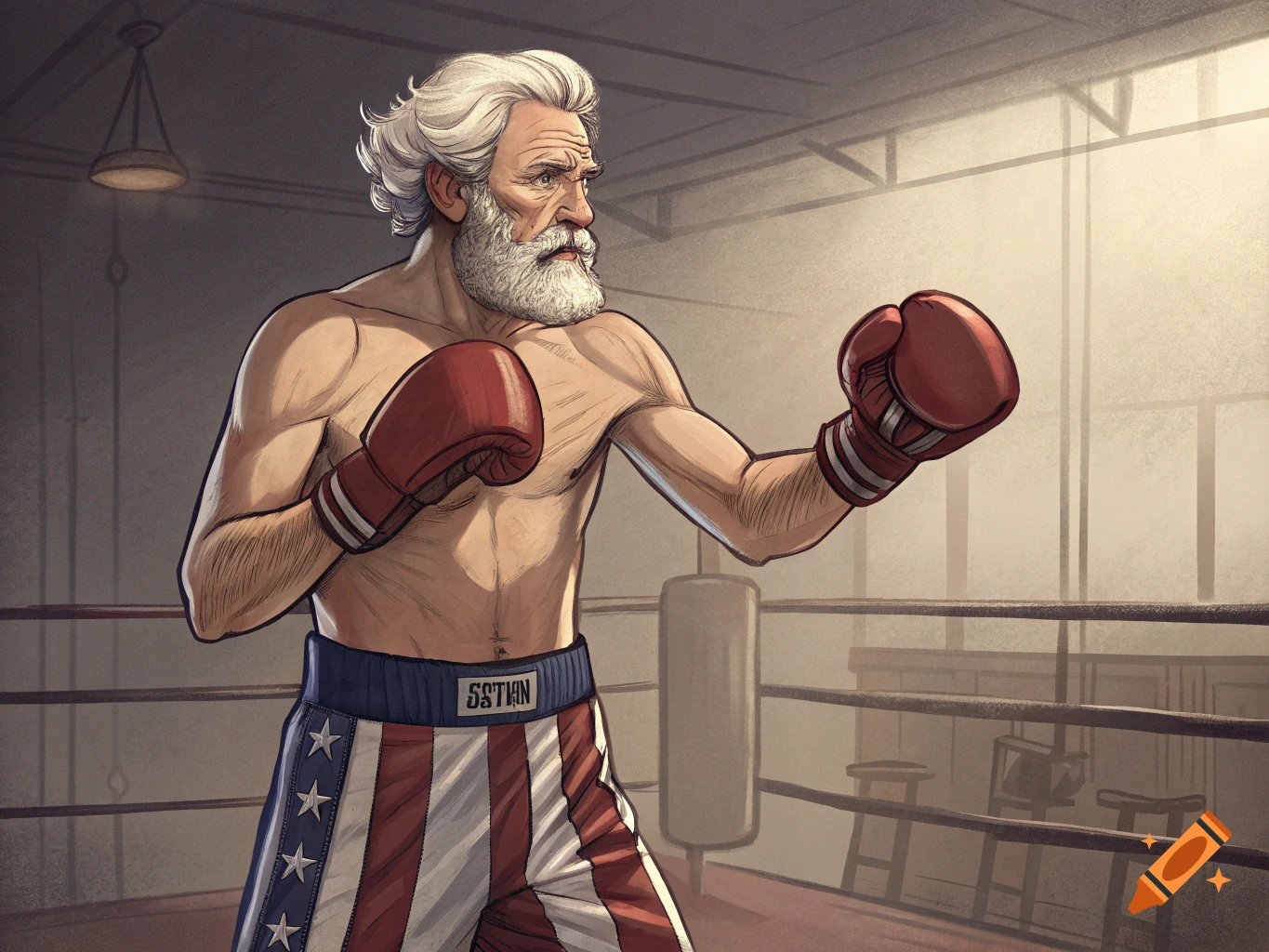 Stylized illustration of an older man with white hair and beard, wearing red boxing gloves and USA flag shorts in a boxing ring.