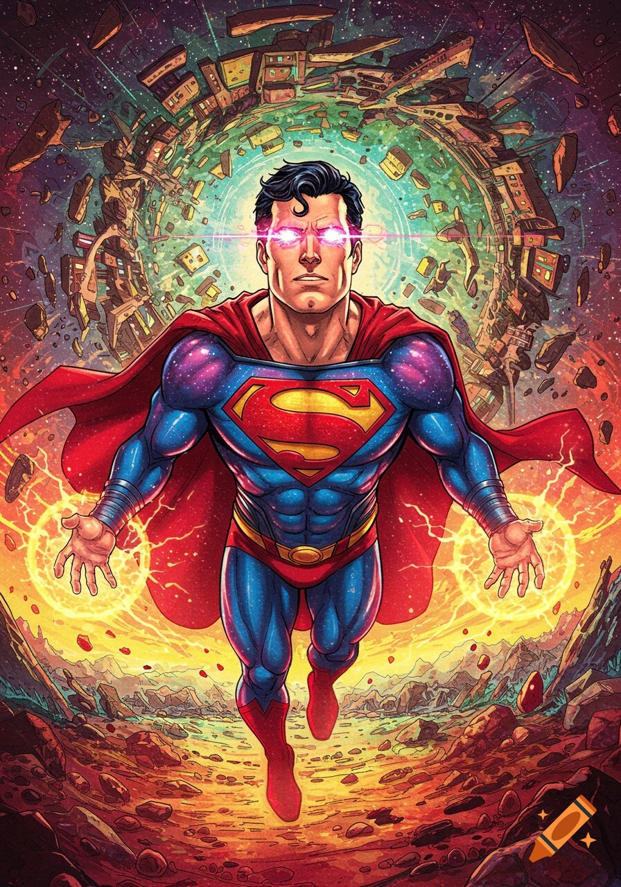 Superman with glowing red eyes and hands, flying through a collapsing reality portal, in a comic book style.