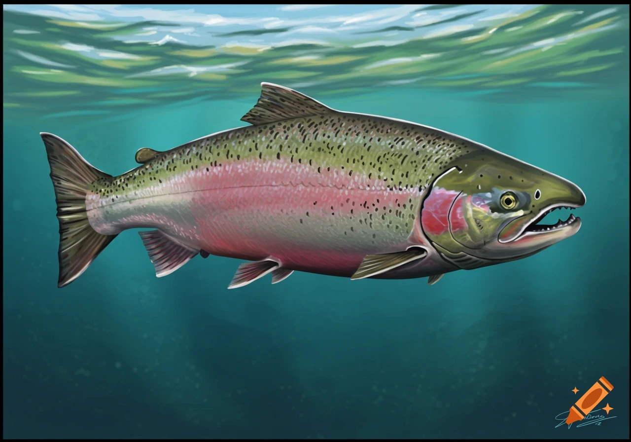 Illustration of a salmon swimming underwater