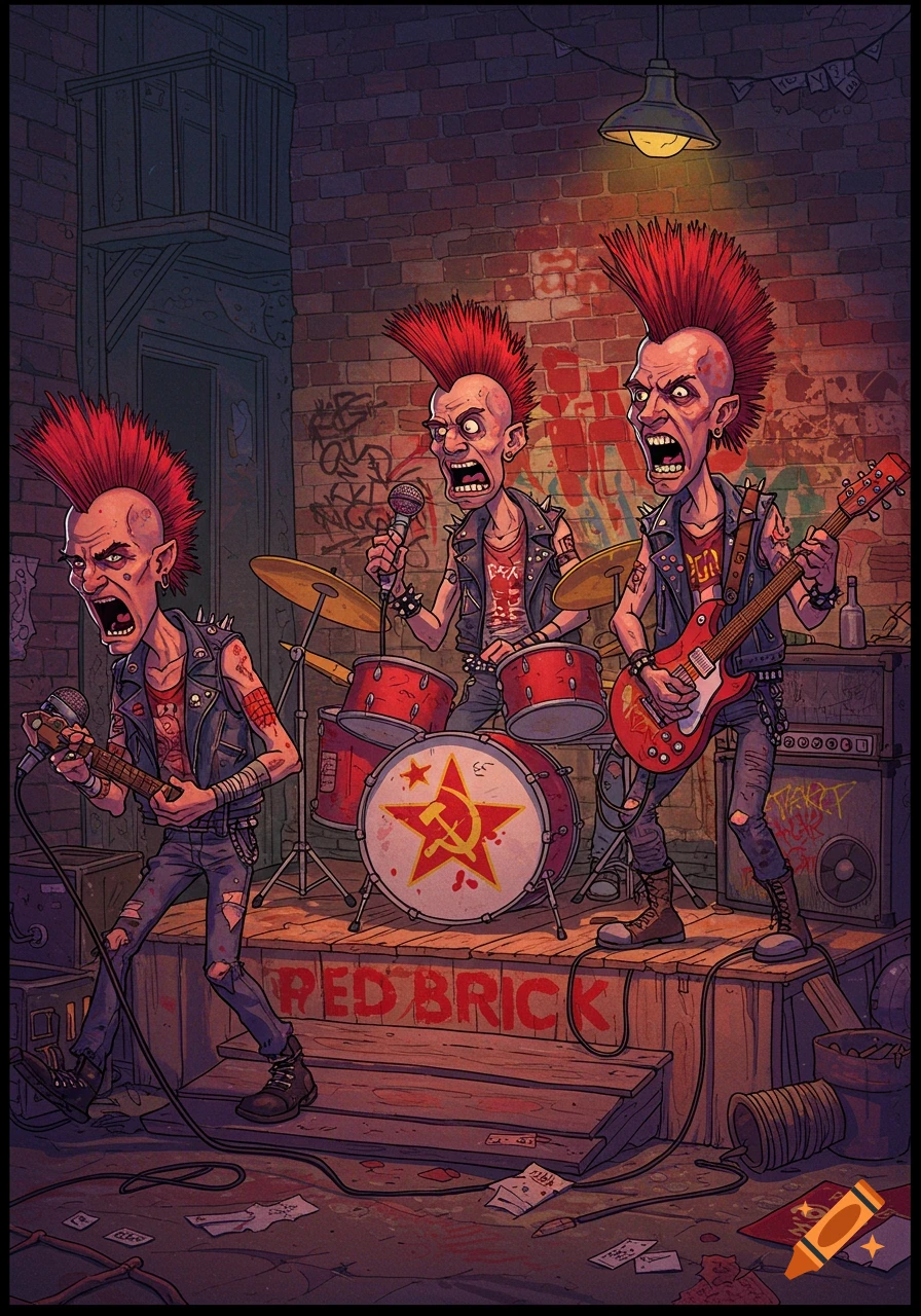 Cartoon illustration of a punk rock band with red mohawks performing on a stage with a Soviet symbol on the drum and 'RED BRICK' text.