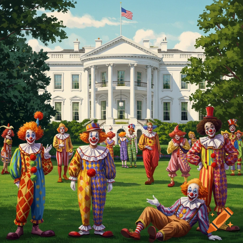 Stylized illustration of clowns in front of the White House.