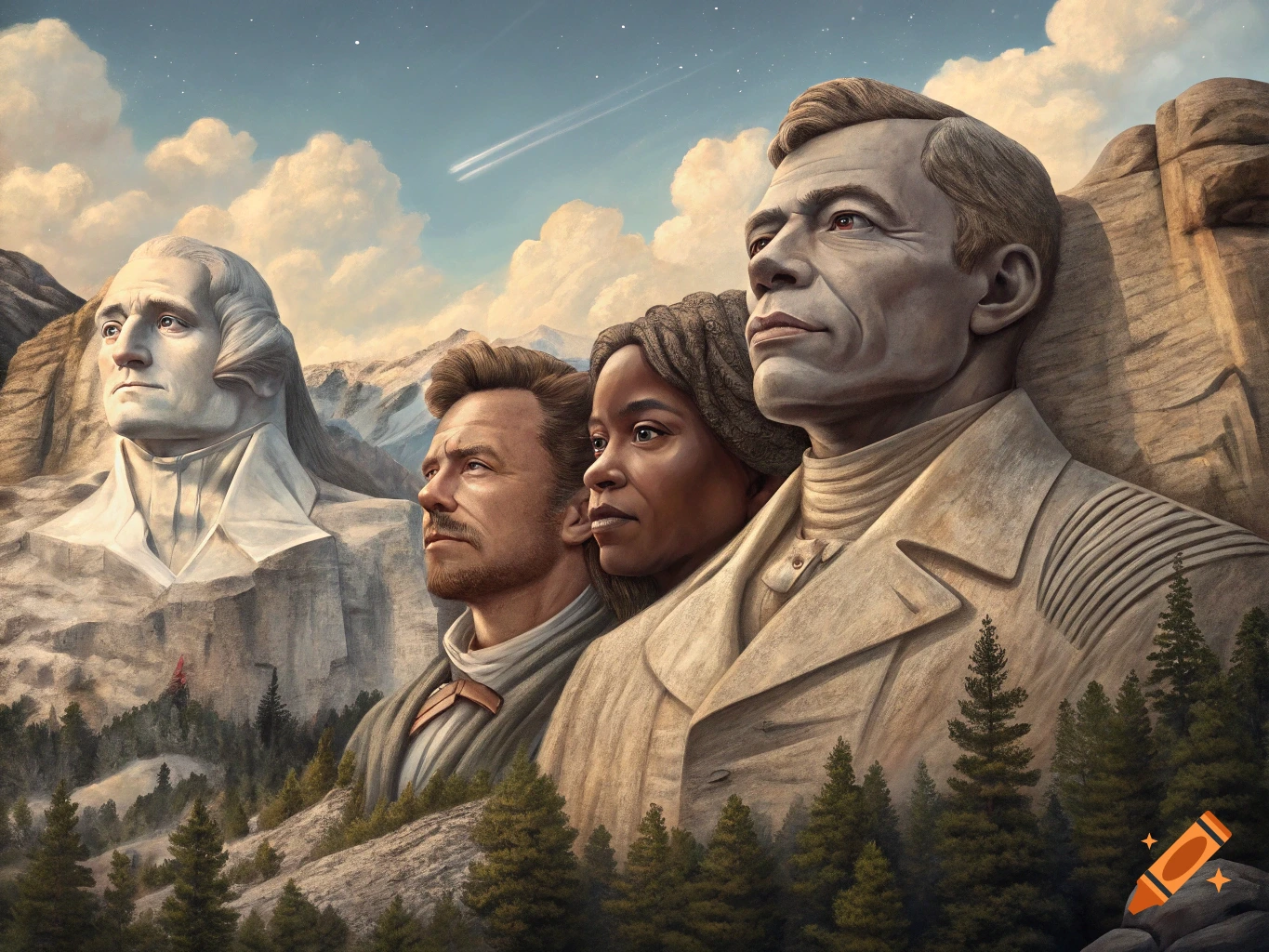 Mount Rushmore-style monument featuring carved faces of George Washington, Harriet Tubman, Elon Musk, and Chadwick Boseman in a mountain landscape.