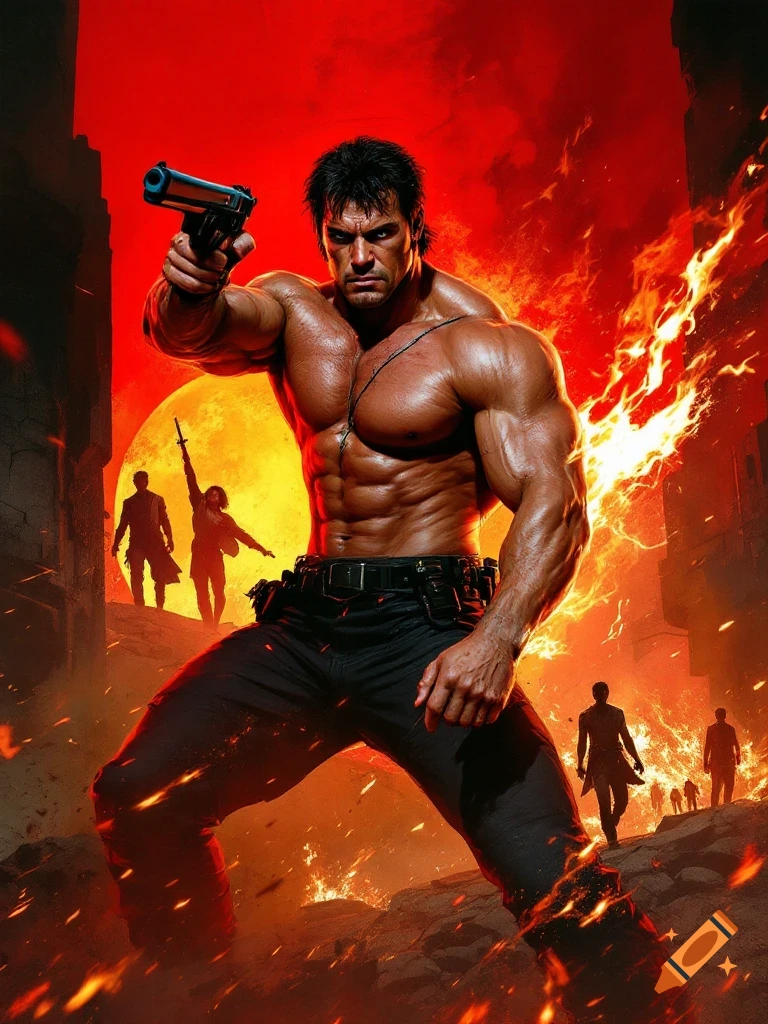 Muscular man with a gun in a fiery landscape, styled like an 80s action movie poster.