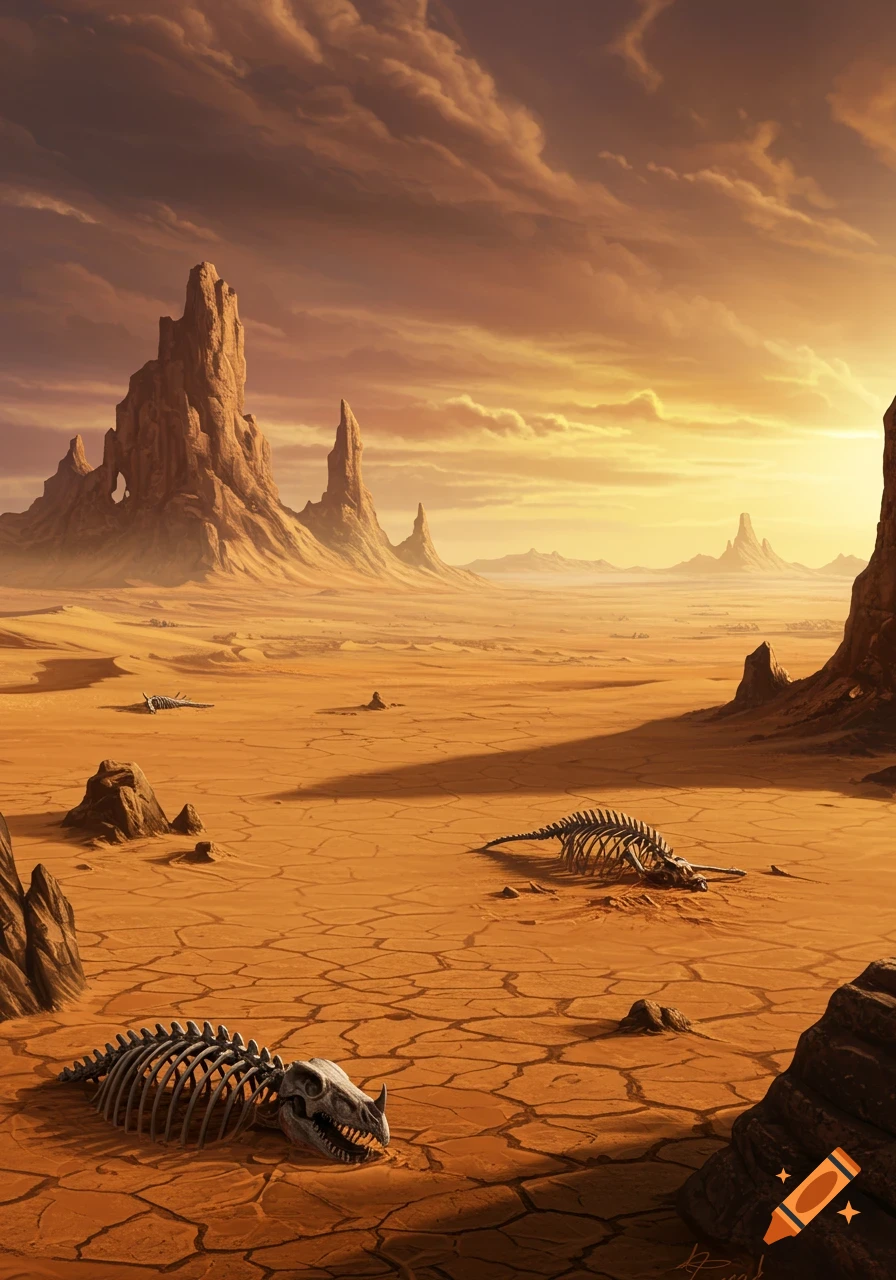 Desert landscape with cracked earth, rock formations, and dinosaur skeletons under an orange sky.