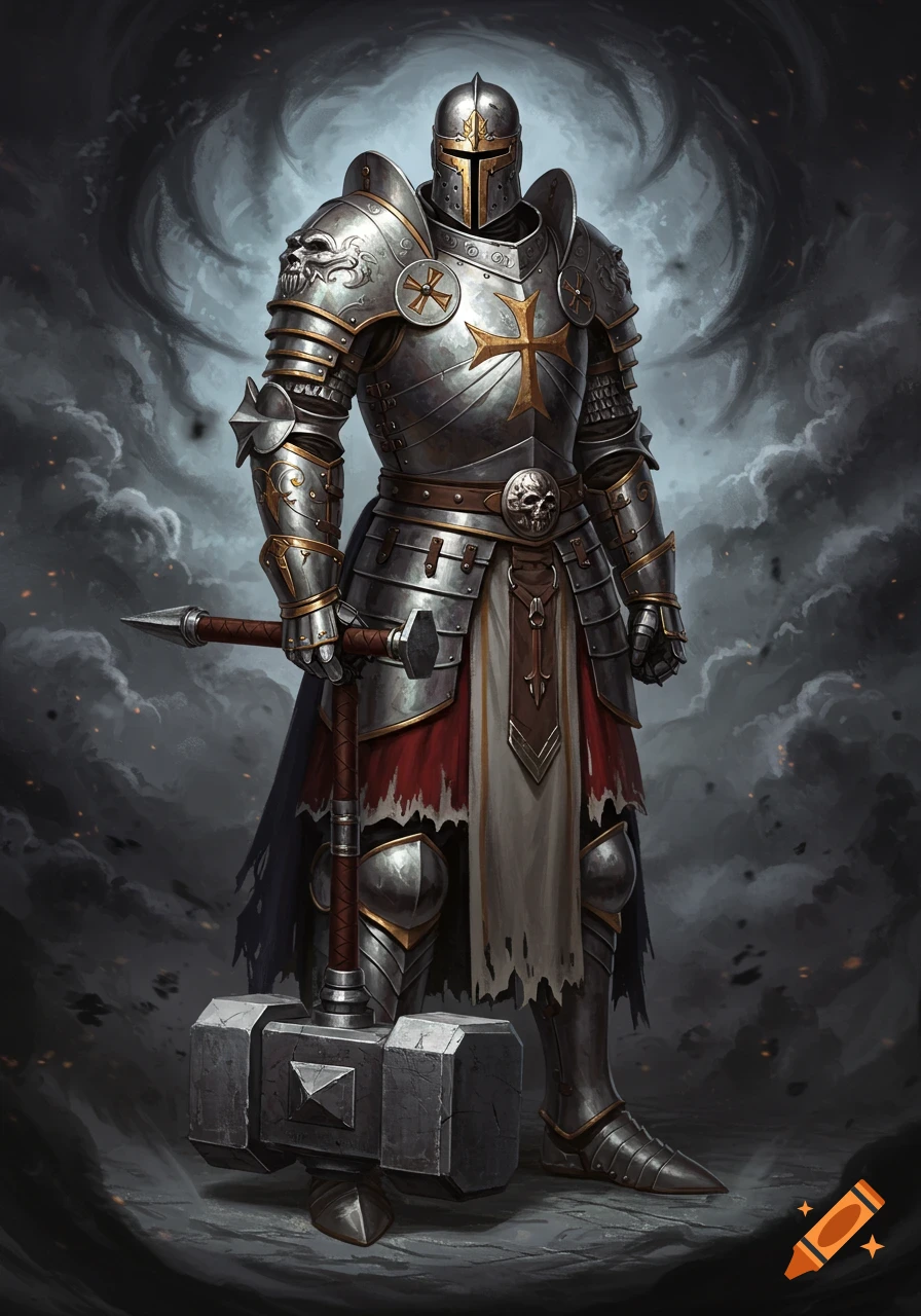 A knight in detailed silver and gold armor stands holding a large warhammer against a stormy background.