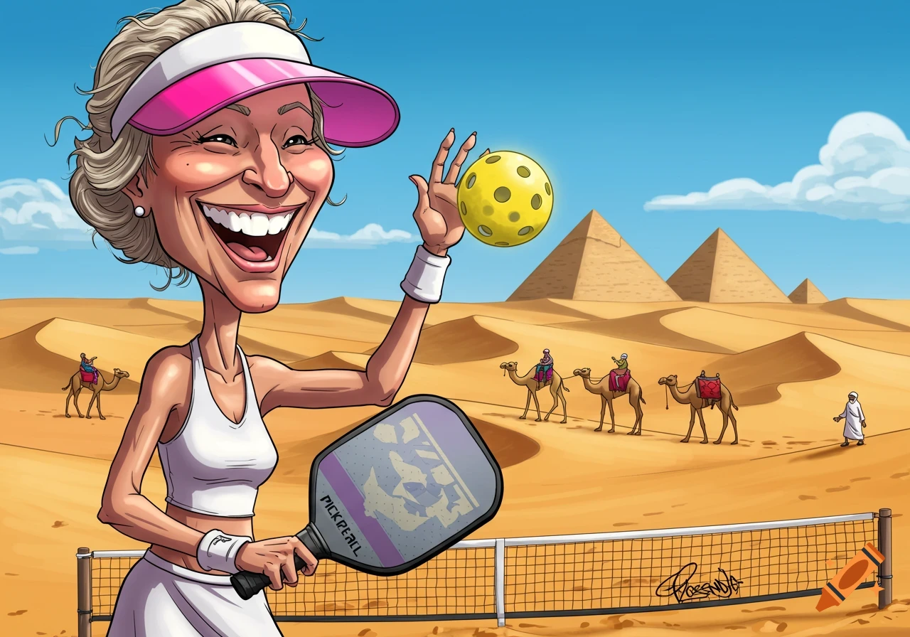 Caricature of a smiling woman playing pickleball in a desert with pyramids and camels.