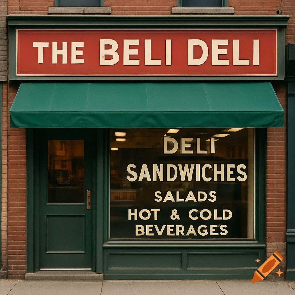 A deli storefront with a red sign, green awning, and text on the window.
