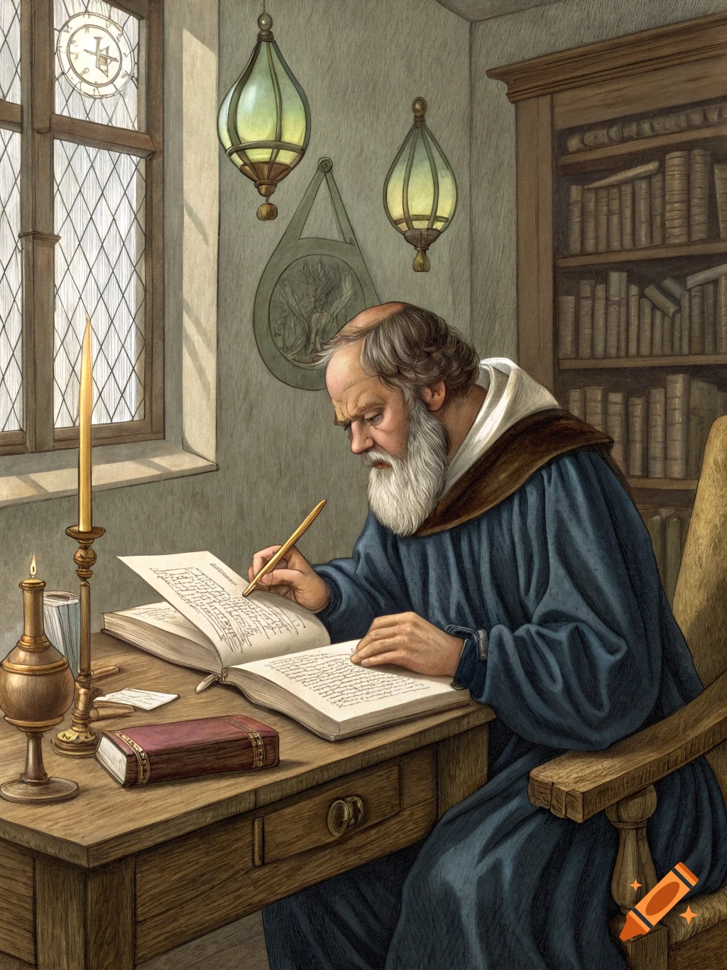 Old man writing in a book in a study with bookshelves and a clock.