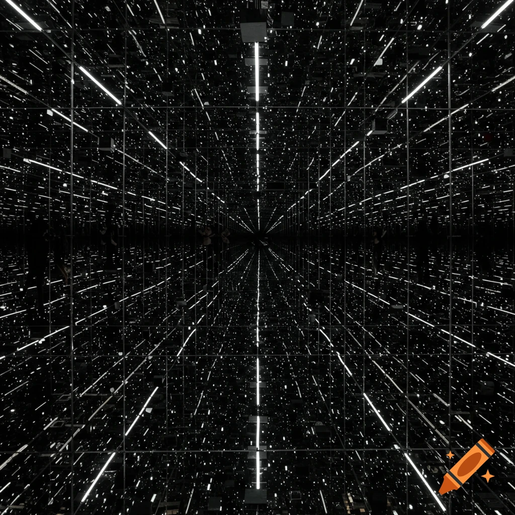 An infinite reflection of light streaks and dots in a mirrored room.