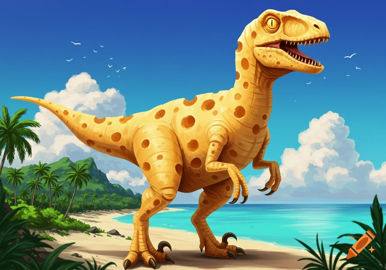 A velociraptor made of swiss cheese stands on a tropical beach.