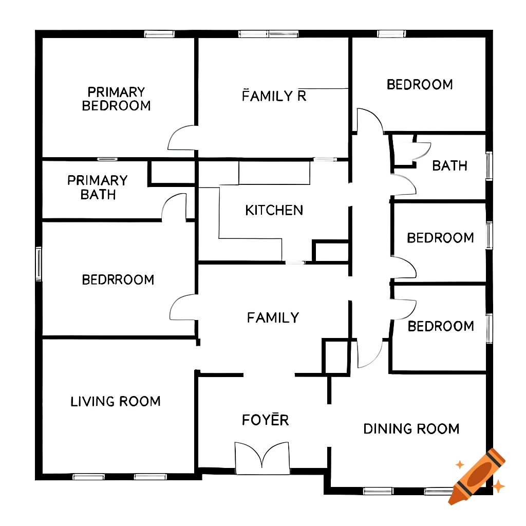 Black and white floor plan diagram showing rooms including bedrooms, kitchen, and living areas.