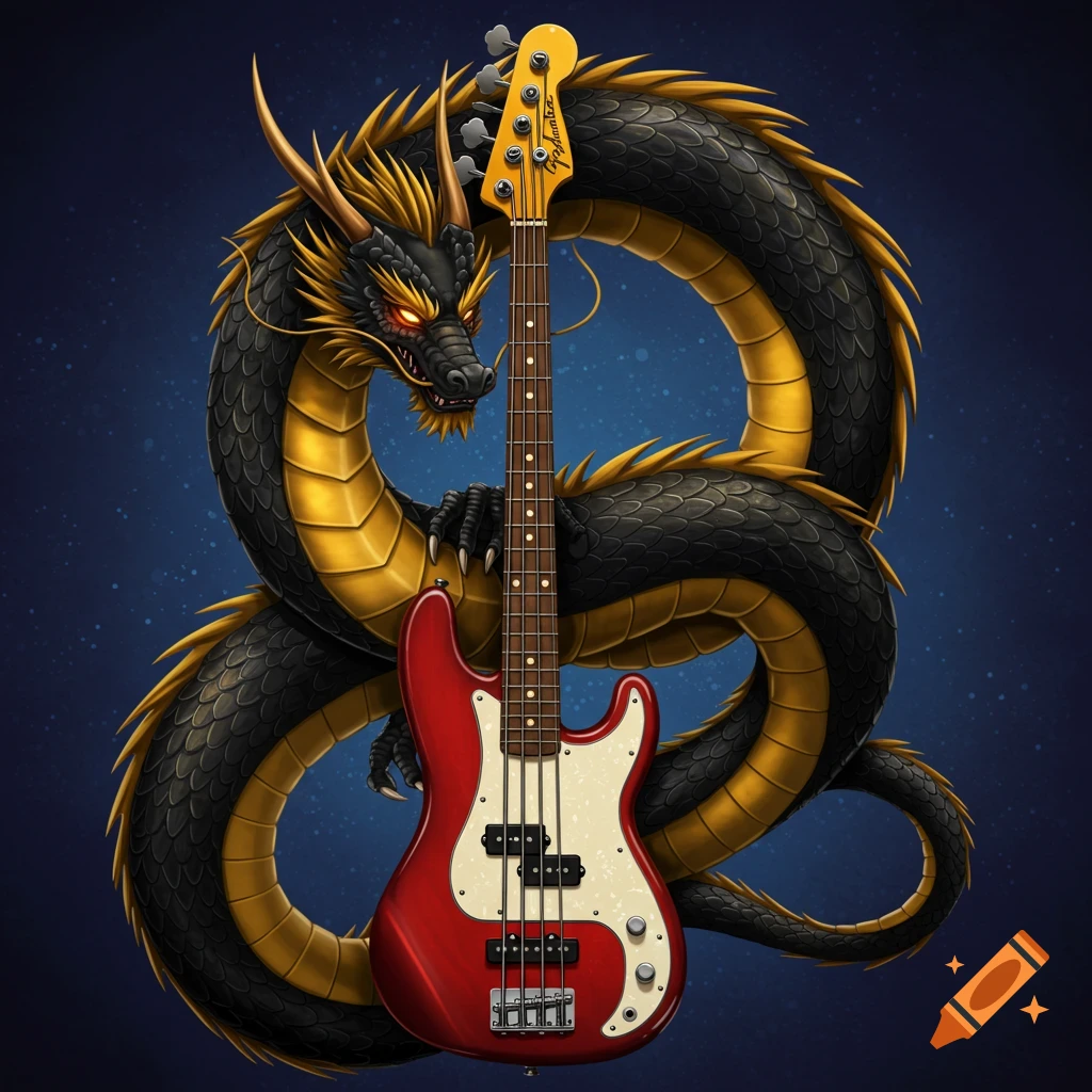 A black and gold dragon coiled around a red bass guitar.